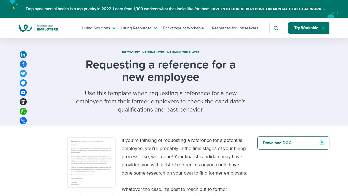 Requesting a reference for a new employee - Free template - Workable